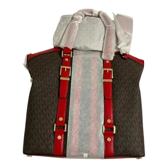 Michael Kors Bedford Travel Large Logo Stripe Dome Tote Bag Red NEW - Picture 3 of 7